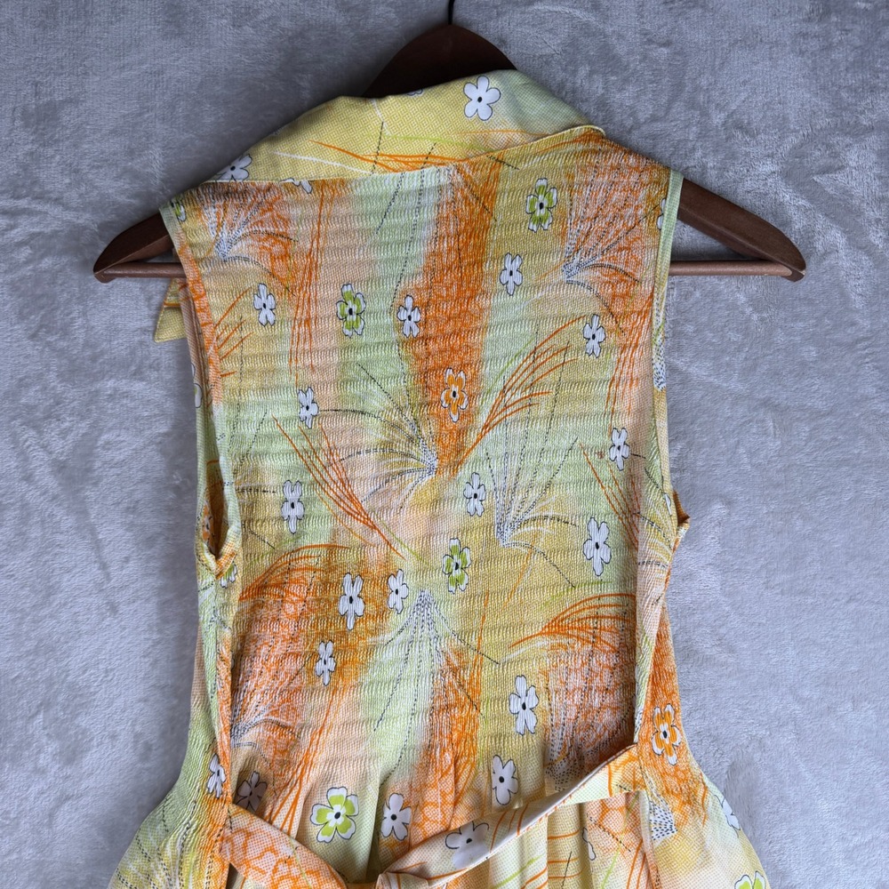 Boho  soft girl Vintage 70s Floral Plisse Sleeveless Midi Dress‎ Orange Yellow - Picture 11 of 11